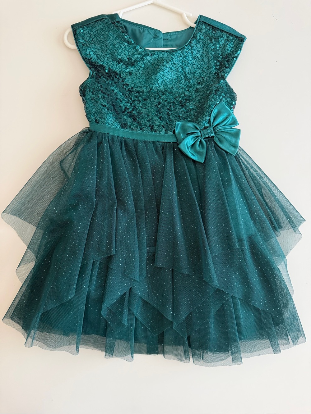 Jona Michelle 3T Green/Teal Sequined Tulle Party Dress with Satin Bow, Stunning!